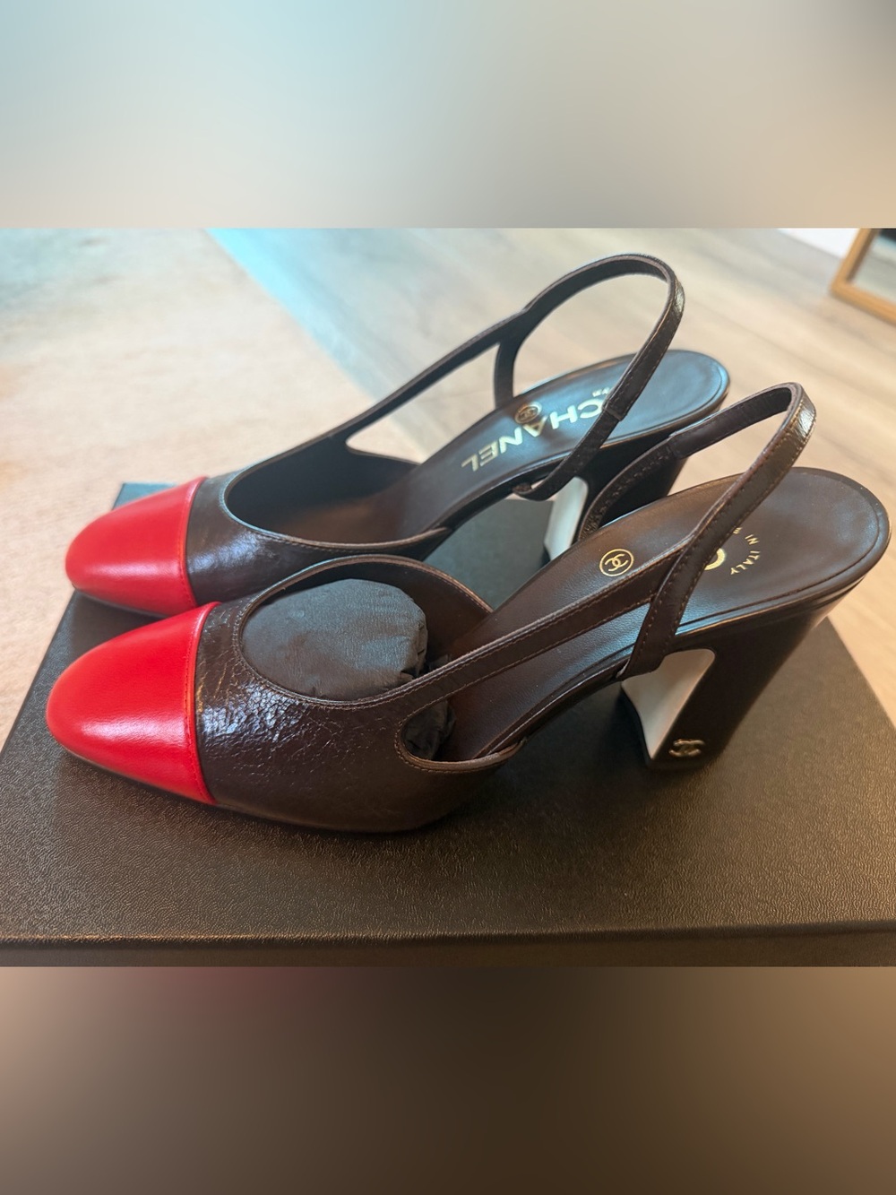 CHANEL Coco Slingback Red and Dark Brown Leather Pumps